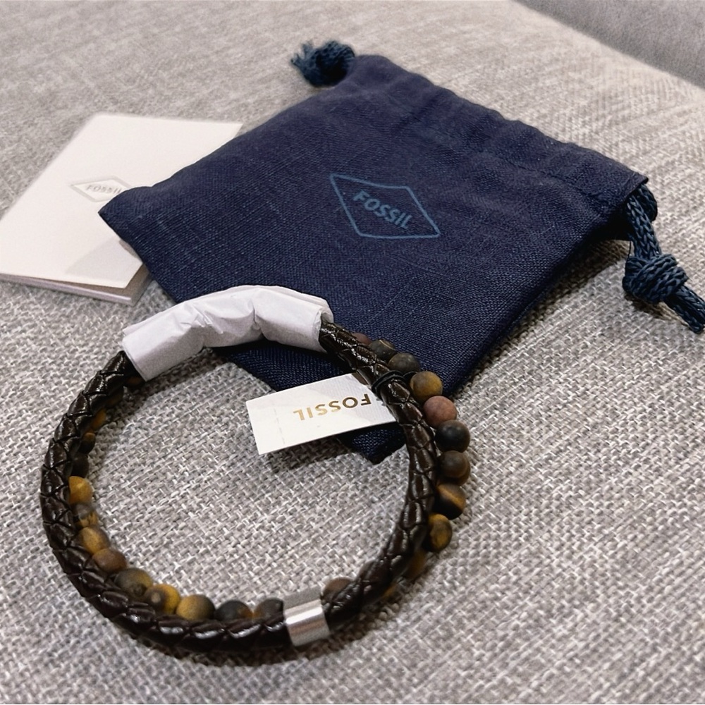 Fossil Men's Tiger's Eye and Brown Leather Link Bracelet - Picture 6 of 8